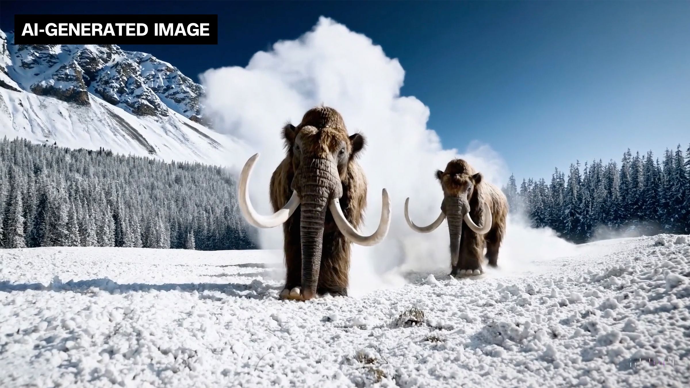 Bild aus einem von OpenAIs KI Sora generiertes Video mit Mammuten die auf Schnee laufen